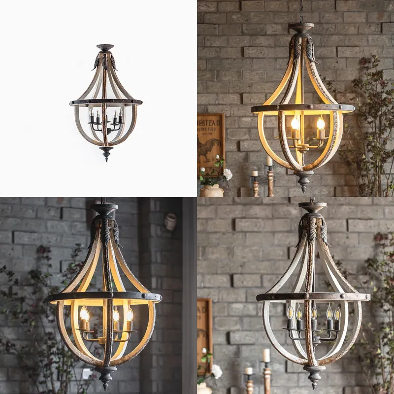 Vintage Photography Lighting - Masif Ahşap Detaylı Vintage Ferforje Avize,